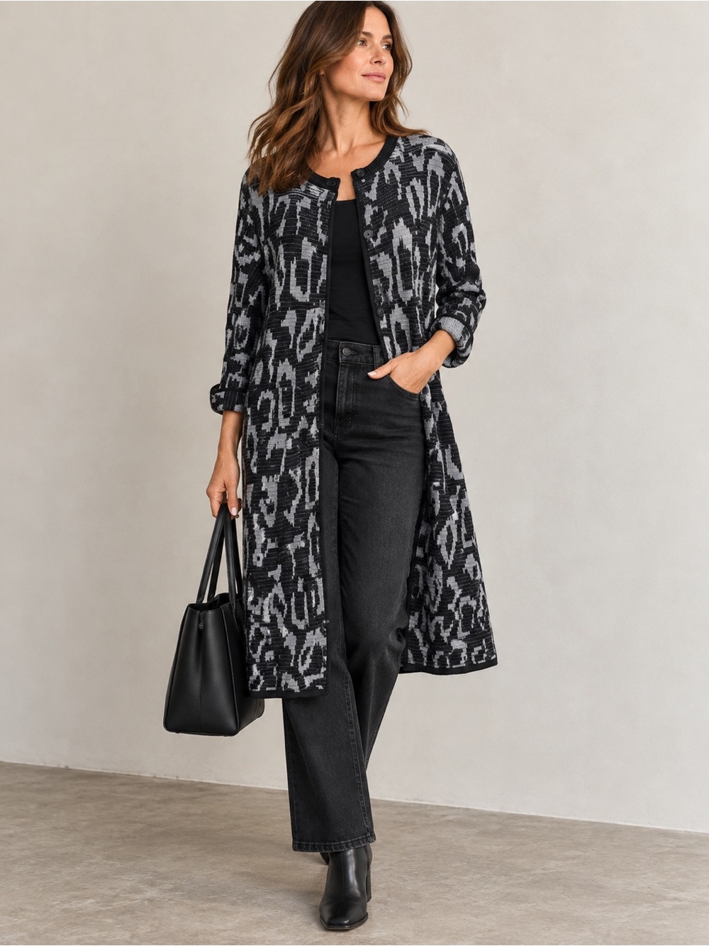 Olsen Europe Long Animal Print Cardigan Coatigan Black Grey S